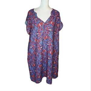 The Korner Red and Blue Print Cap Sleeve Boho Dress M/L